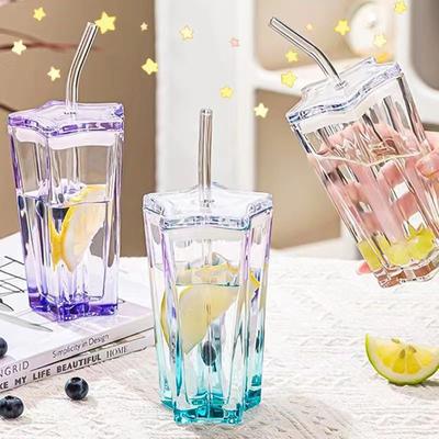 Tazza in vetro a forma di stella a cinque punte da 300 ml con cannuccia, tazze con gradiente di colore, tazza per bevande fredde, caffè con coperchio, tazza per bere, stoviglie