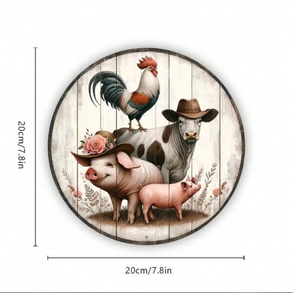 Vintage Farm Round Metal Wall Art Rustic Animal Decor Home Retro Tin Sign