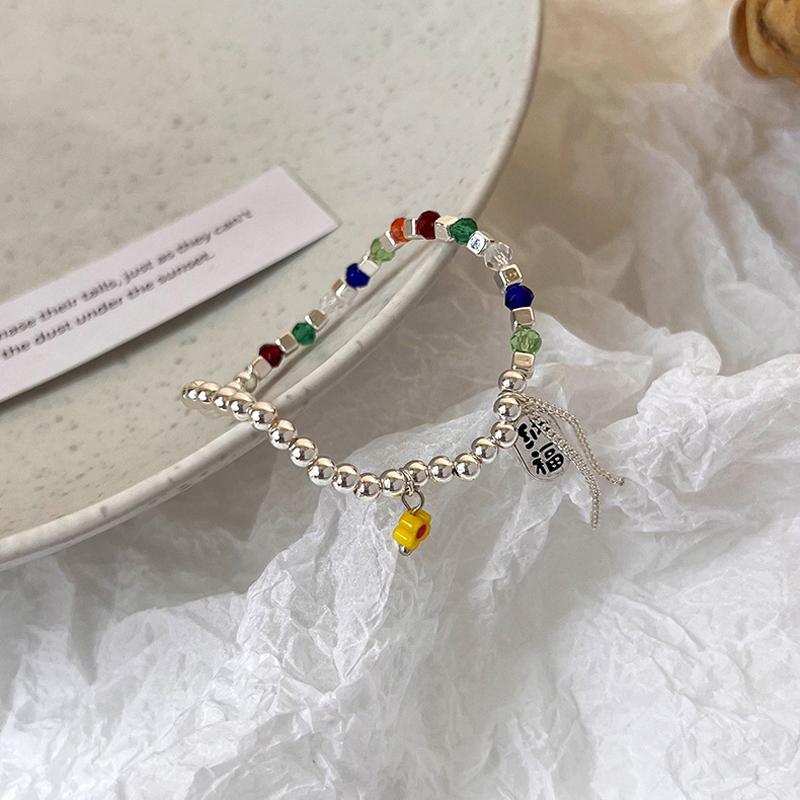 ANENJERY Colored Crystal Beaded Bracelet Women's Niche Design Lucky Fortune Flower Stretch Bracelets Jewelry Accessories