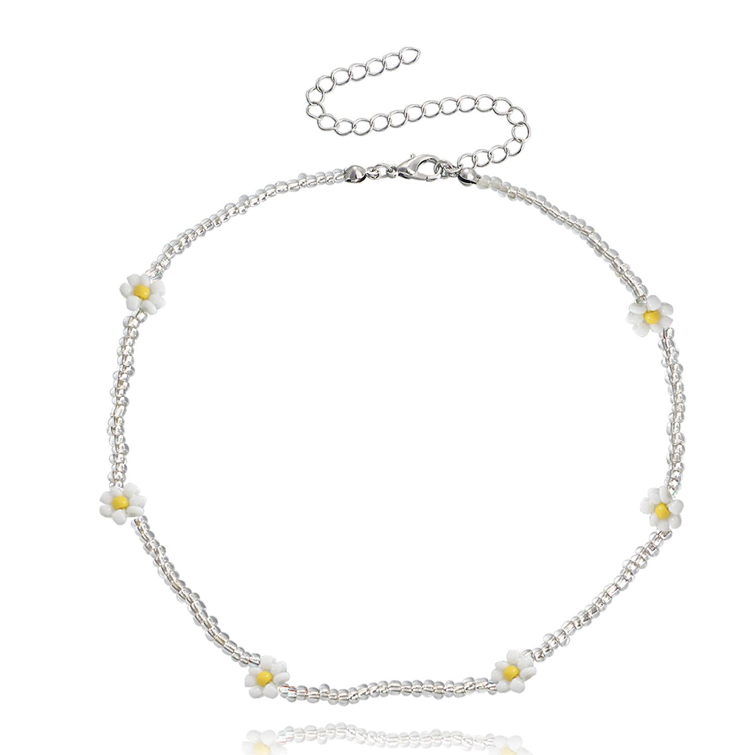 

European and American necklace jewelry Bohemian transparent white rice beads colorful daisies flower neck chain necklace jewelry women s niche design