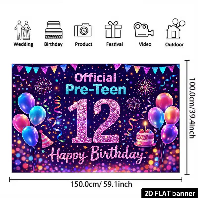 2D Flat Glitter 12th Birthday Banner Colorful Neon & Confetti Themed Backdrop