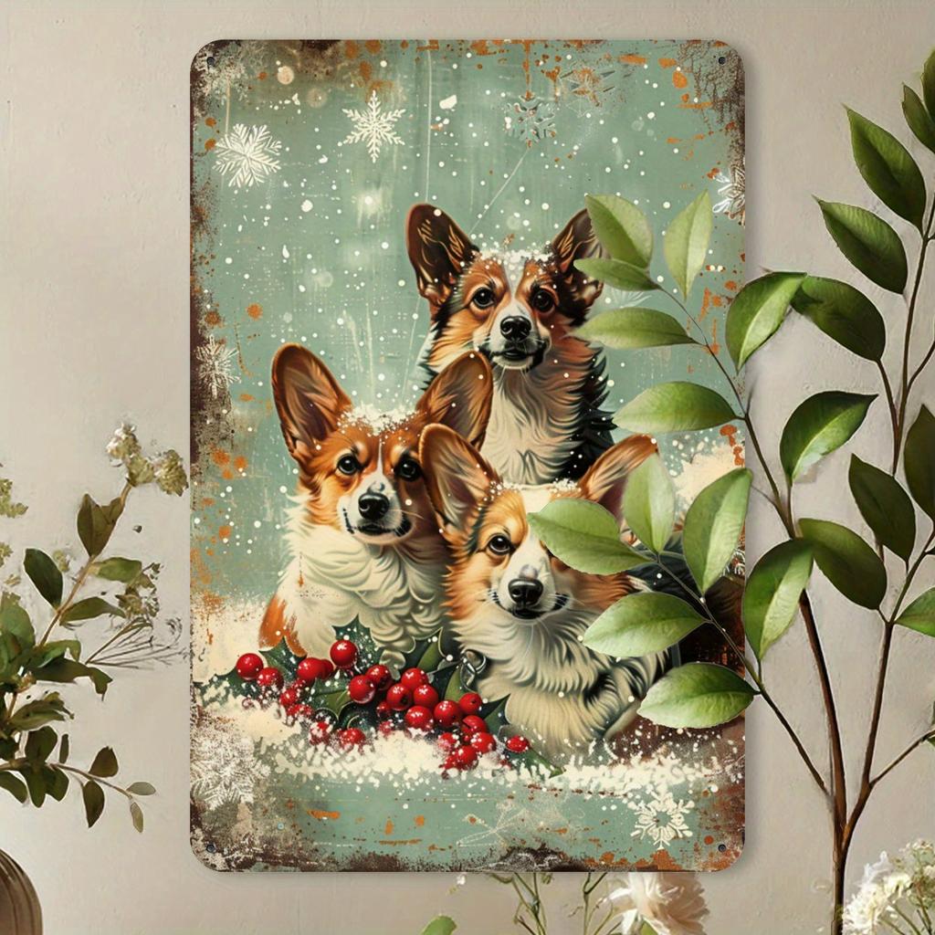 Vintage Christmas Corgi Metal Tin Sign, Retro Iron Wall Art for Gym, Cafe, Garage, Restaurant, Home, Forest, Garden - Indoor & O