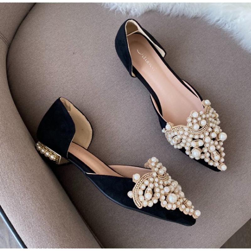 New Crown Pearl Flats Women Wedding Shoes Pointed Toe Female Dress Moccasins Low Pearl Heel Ladies Luxury Style 43