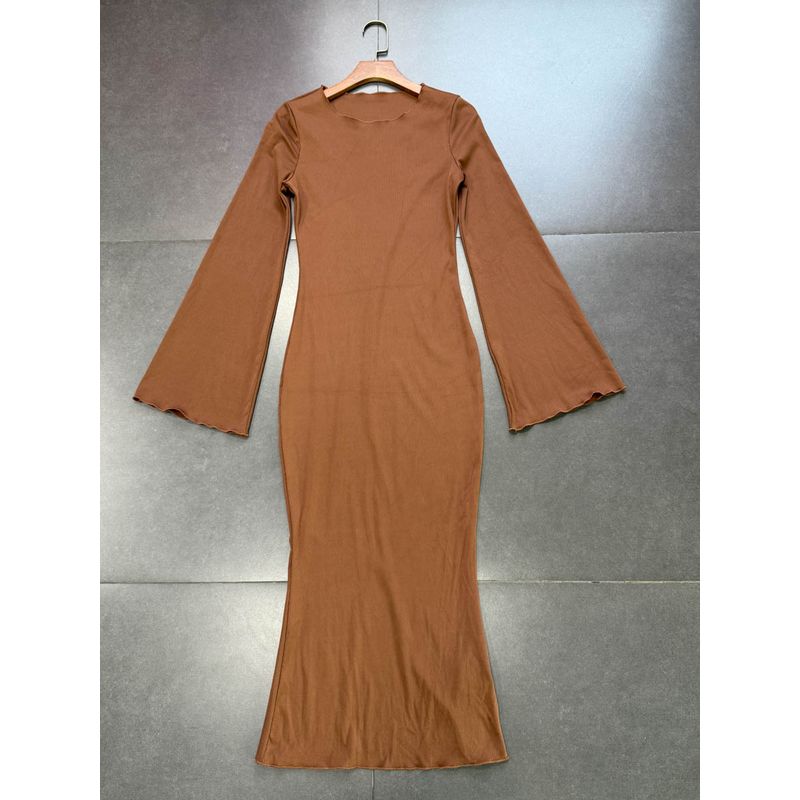 

Export Single Waist and Hip Curve Super Good Knitting round Neck Bell Sleeve Tight Waist Dress Midi Dress Brown Brown Dress S