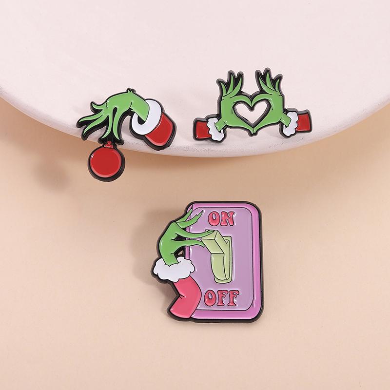Green Monster Heart Hands Enamel Pin Animated Characters Merry Christmas Brooches Lapel Badge Fashion Jewelry Gifts for Friends