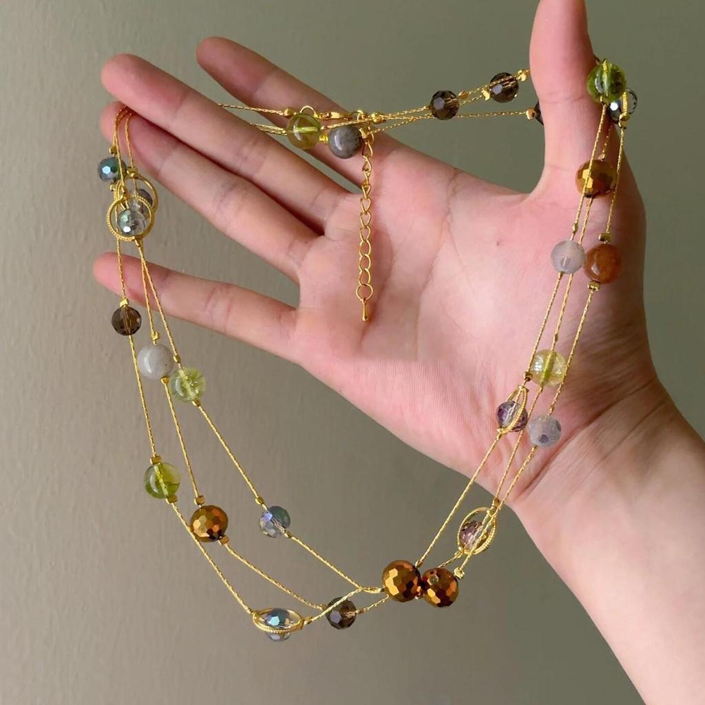 Chic Stone Glass Beaded Layered Necklace: High-End Sweater Chain Design for Women