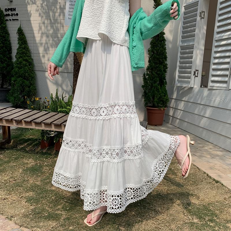 Dimanaf 2025 Summer Women Skirts Vintage Elastic Pleated Elegant White Long Skirts New  Lace High Waist