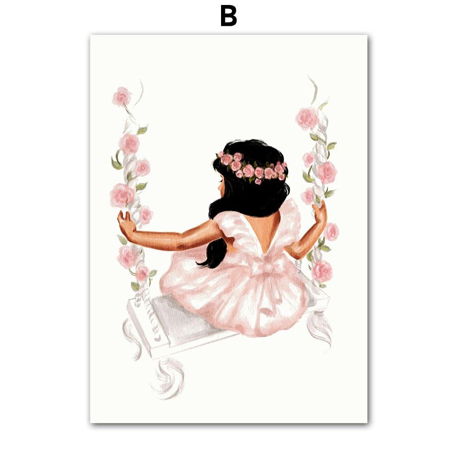Watercolor Black Girl Flower Swing Unicorn Castle Wall Art Canvas Painting Posters And Prints Wall Pictures Baby Kids Room Decor