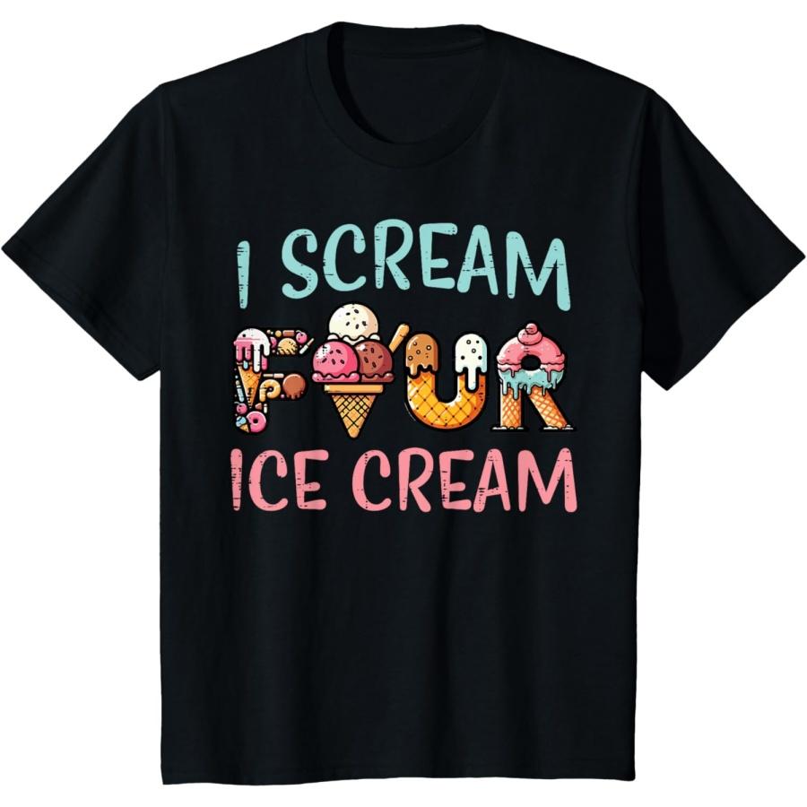 4-й День рождения Я кричу Четыре Мороженое 4 День рождения Девочки Мальчики Дети Футболка XXXXXL