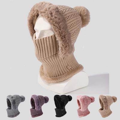 Women Solid Color Ski Plush Beanie Cap Neck Warmer Face Cover Knitted Hat