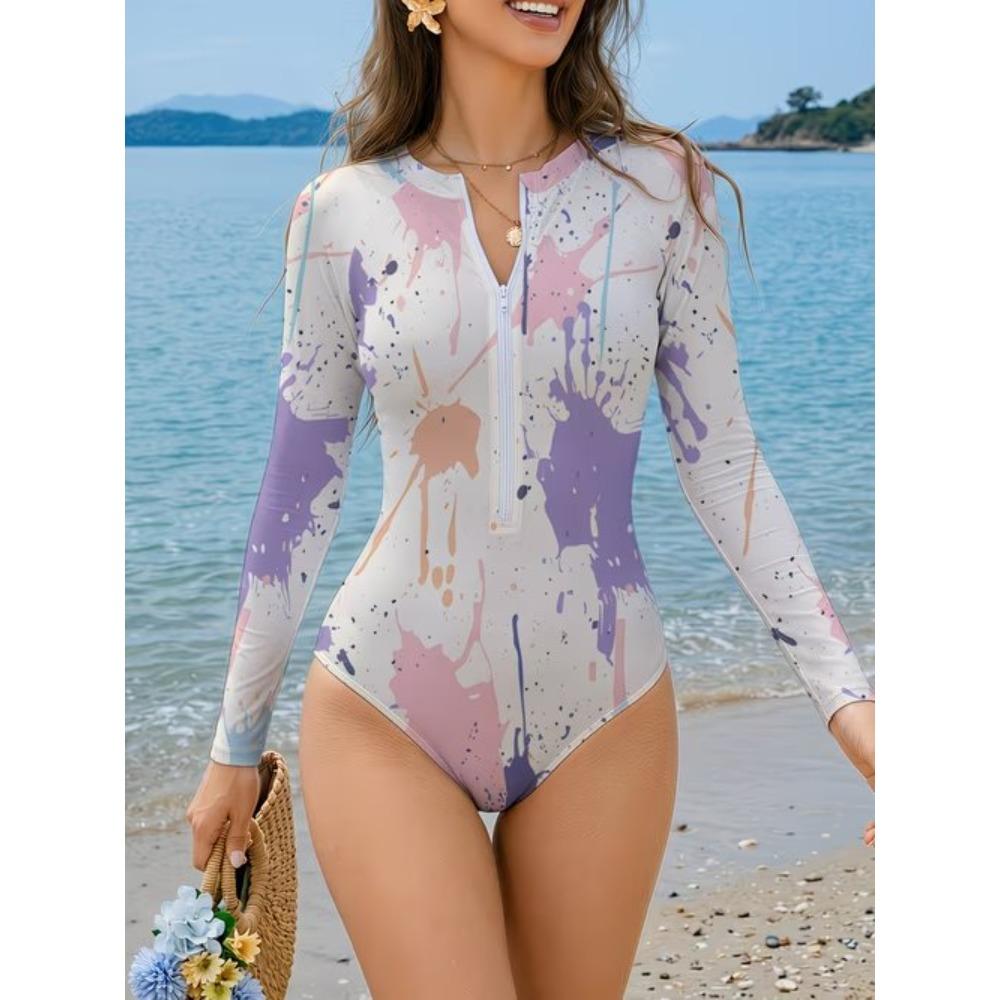 Maiô Feminino de Manga Longa Peça Única com Zíper Frontal Estampa Composta Texturizada Rash Guard Roupa de Banho para Surfe