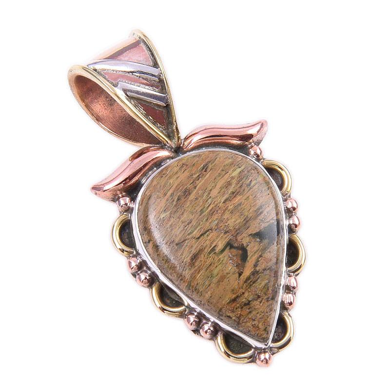 Natural Rhyolite Gemstone 925 Solid Sterling Silver Two Tone Pendant 1.25'' m0G58
