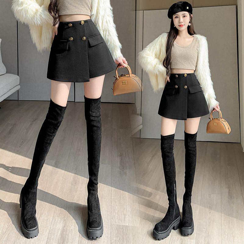 Women's 2026 Autumn/Winter High-Waist Wool Suit Skirt Pants - Double-Breasted, Wide-Leg Slimming Shorts