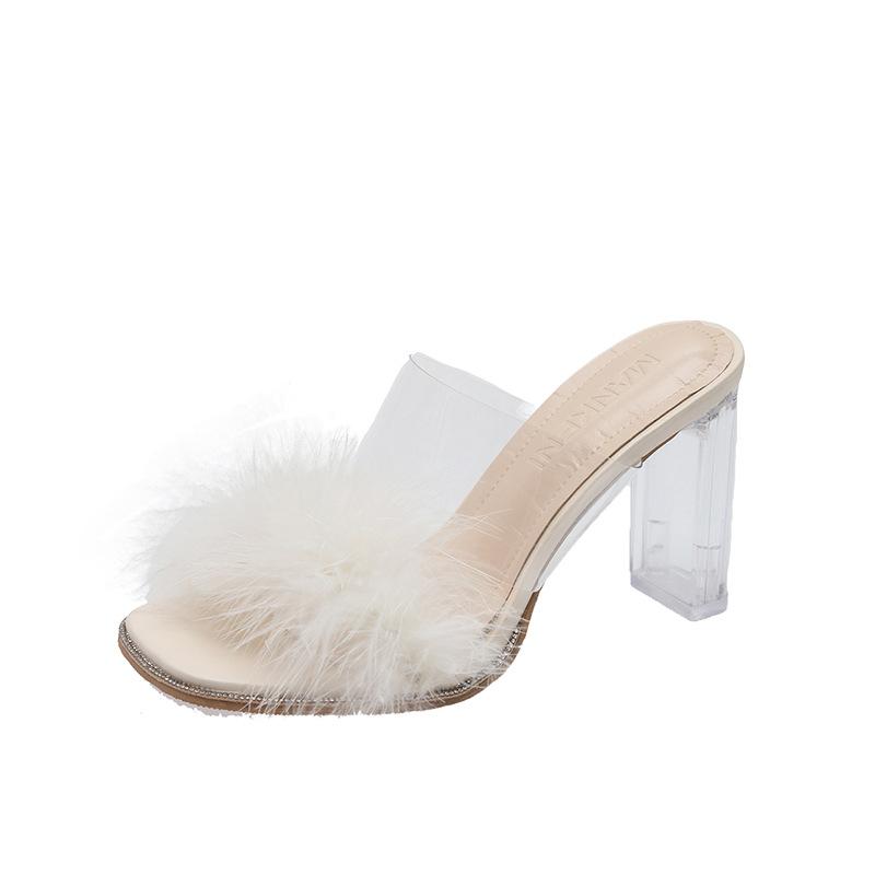 High-heeled Slippers Women's Summer Outer Wear 2025 Spring New Shoes Sandals Thick Heel Thick Sole Transparent High Heels Women's Plush Sandals