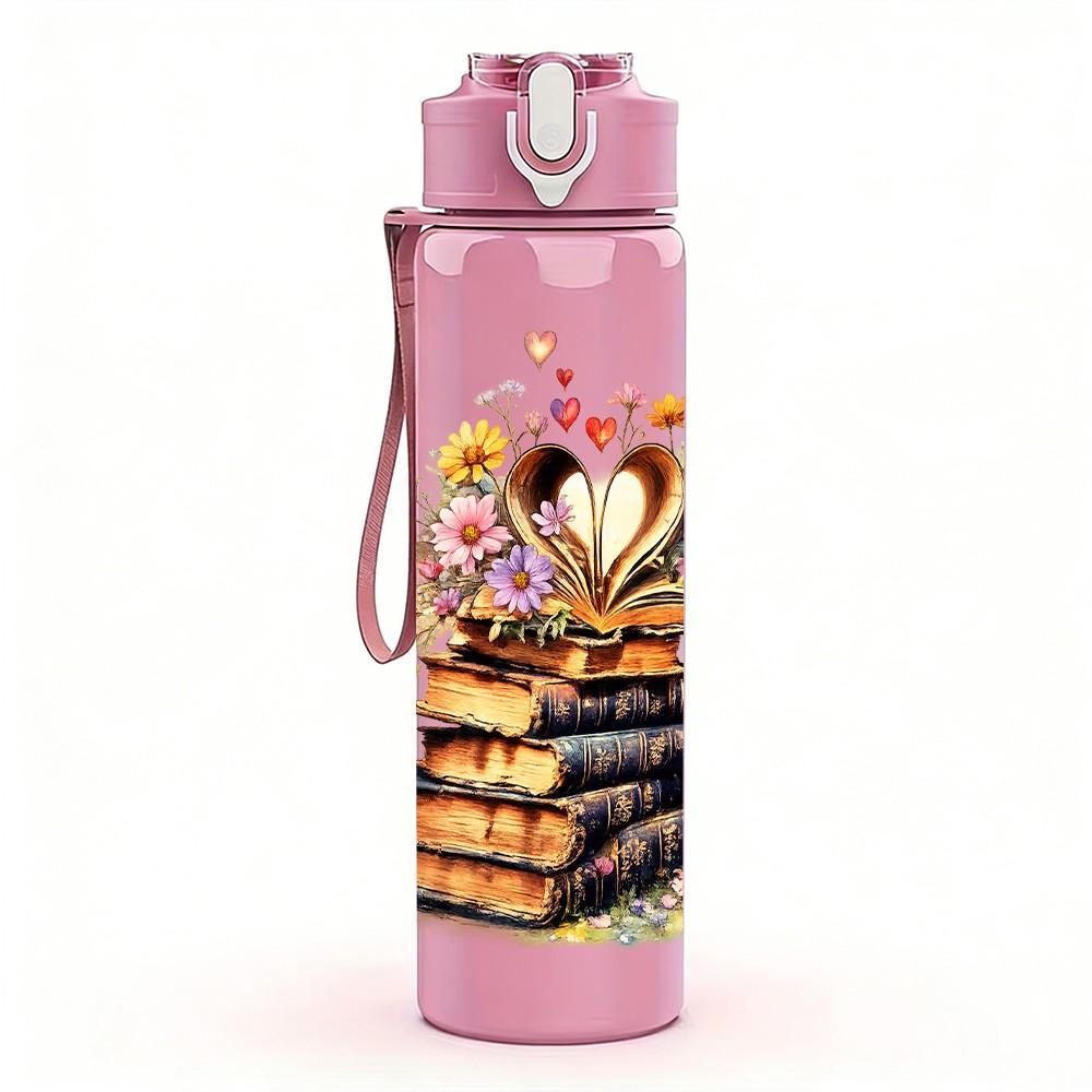 1PC Stack Book Flower Bouquet Print 750ml Color Plastic Sports Water Bottle Leakproof Flip Straw Lid Suitable for Sports Office Home Use