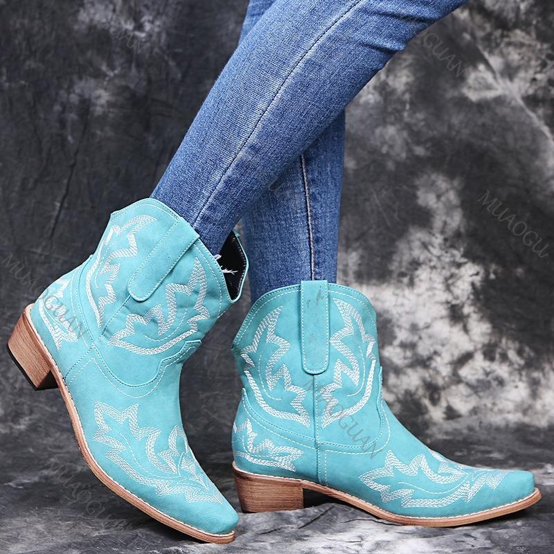Fashion Spring Autumn New Women's Shoes Large Size Embroidery Pointed Toe Ankle Boots for Women Retro Thick Middle Heel Short Botines