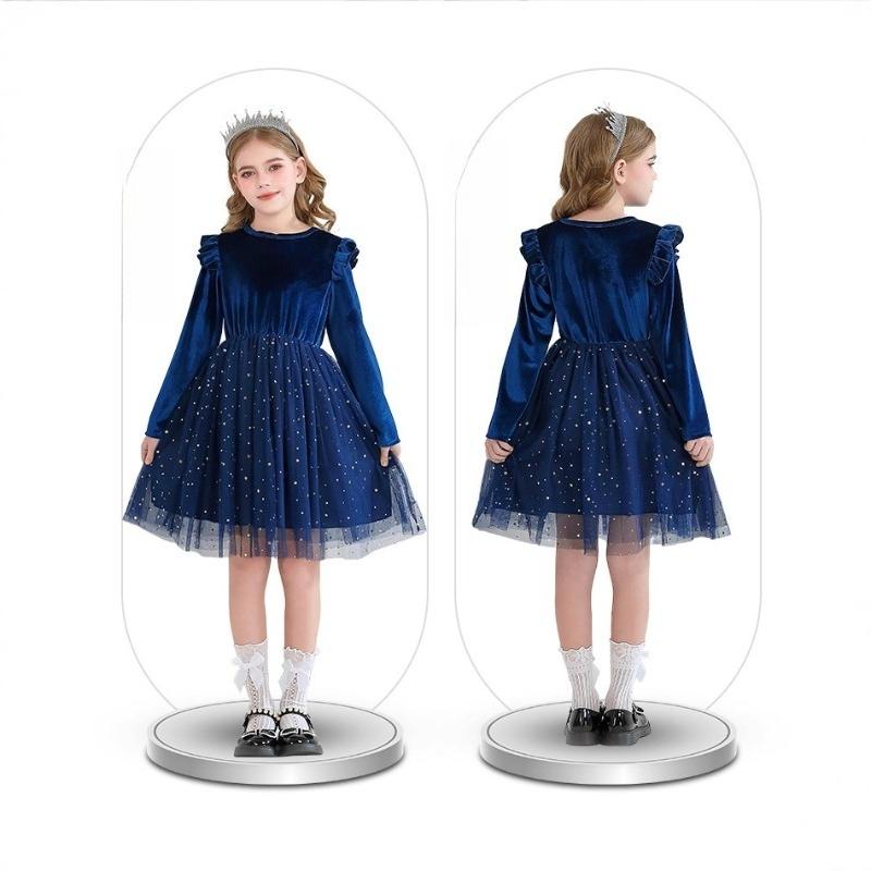 Ruffled Long-sleeved Dress Princess Performance Costume Children's Clothing Starry Sky Mesh Skirt