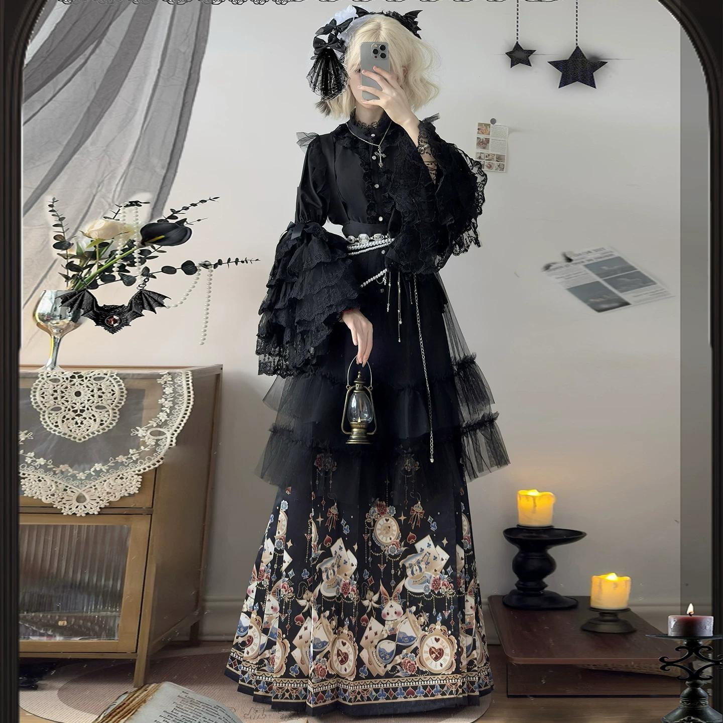 

Women s Ming Dynasty Hanfu Full Set, Gothic Lolita Style Han Element Mamian Skirt Autumn Winter Daily Wear Traditional Chinese Costume L чёрный