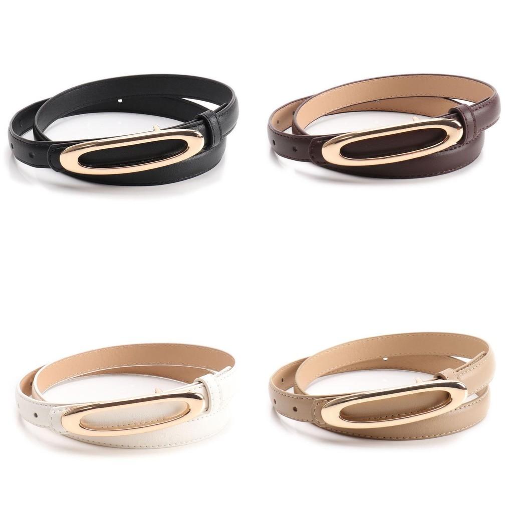 Minimalist Women Leather Belt With Elliptical Flat Buckle For Dress And Jeans