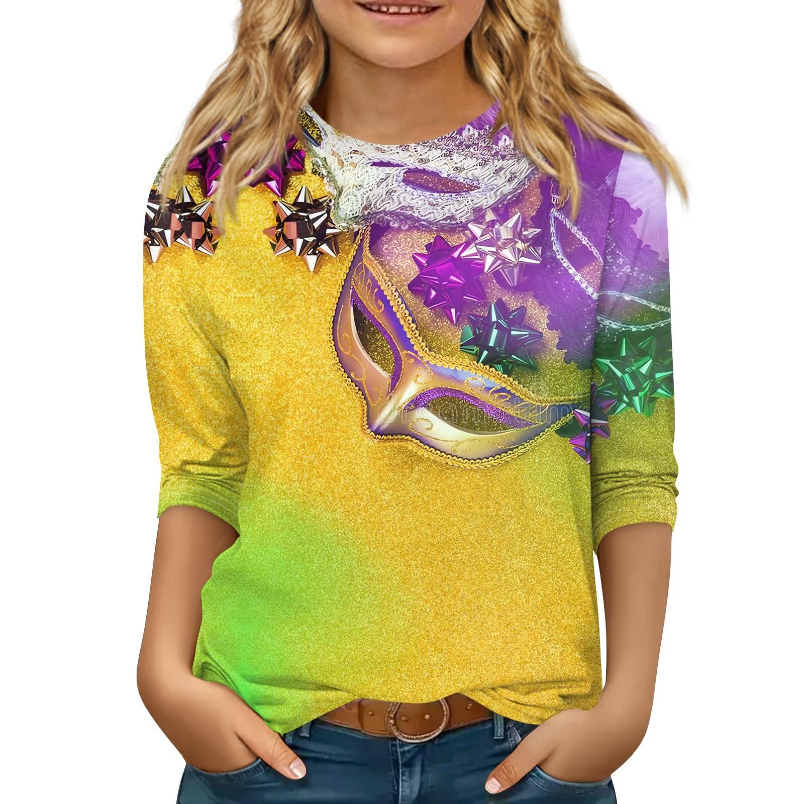 

Детские топы с рукавами 3/4, повседневная футболка с карнавальным принтом, круглый вырез, блузка-пуловер 160 жёлтый