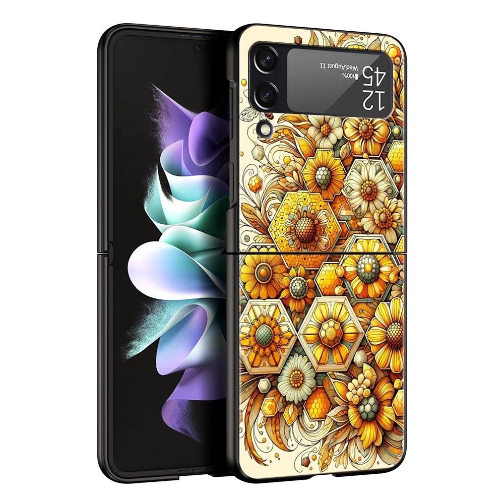 Honeybee Flower Pattern Hard PC Phone Case For Samsung Galaxy Z Flip 7 6 5 4 Black Cover For Galaxy Z Flip 3 Foldable Shell Bags