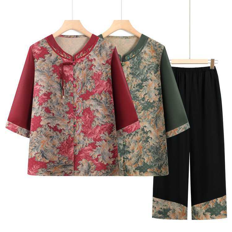 Grandma's Summer Seven-Sleeve Chinese Suit: Traditional Two-Piece Women's Set