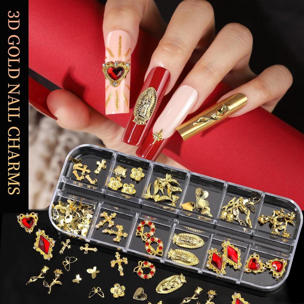 12-Grid Cross Explosion Nail Art Rivets: Butterfly, Streamers, Flowers, Gold & Silver Decorations