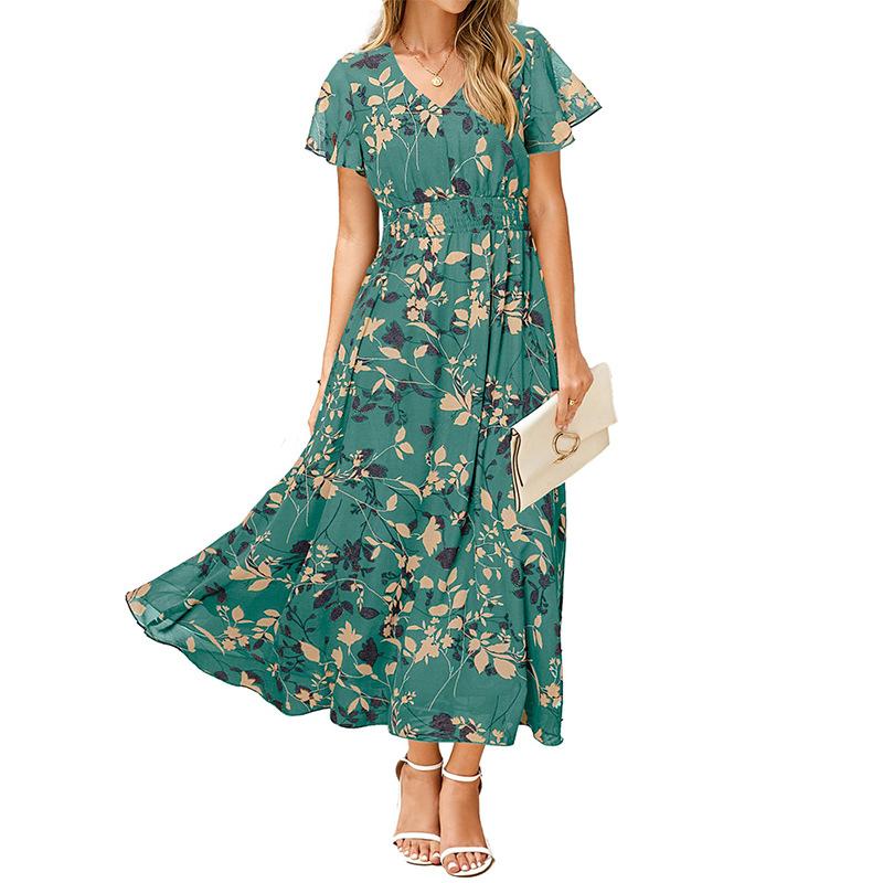 European and American Women's Clothing Summer New Short-sleeved Printed Chiffon Dress Waist Elegant Long Dress
