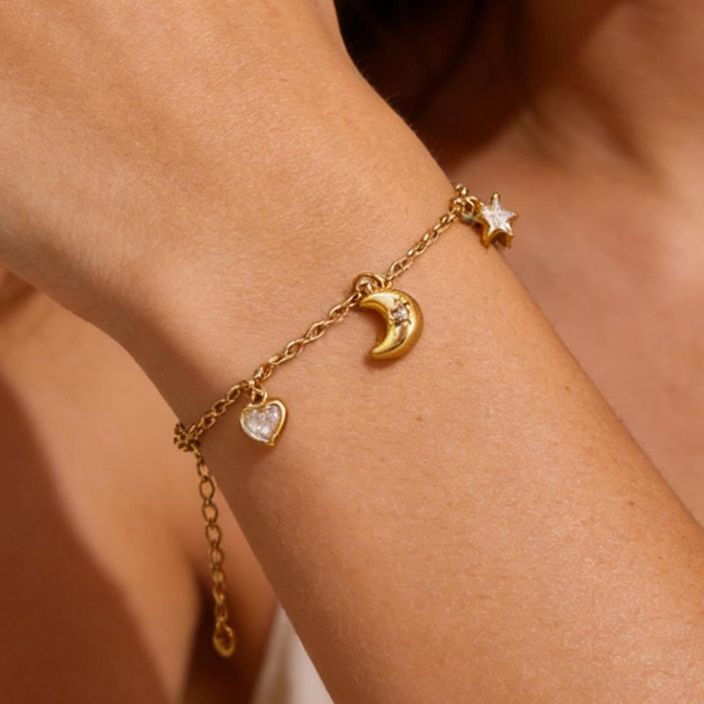 Gold Color 3D Heart-Shaped Star Tassel Bracelet For Womem Summer Waterproof Stainless Steel Chain Shiny Hand Jewelry Party Gift