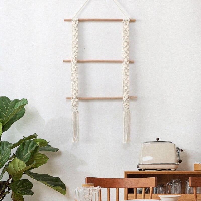 Tapiserie Macrame cu Ciucuri Lucrată Manual, Agățătoare de Perete cu Raft, Boho, Frânghie de Bumbac Țesută, Suport de Plante, Decor de Perete din Lemn