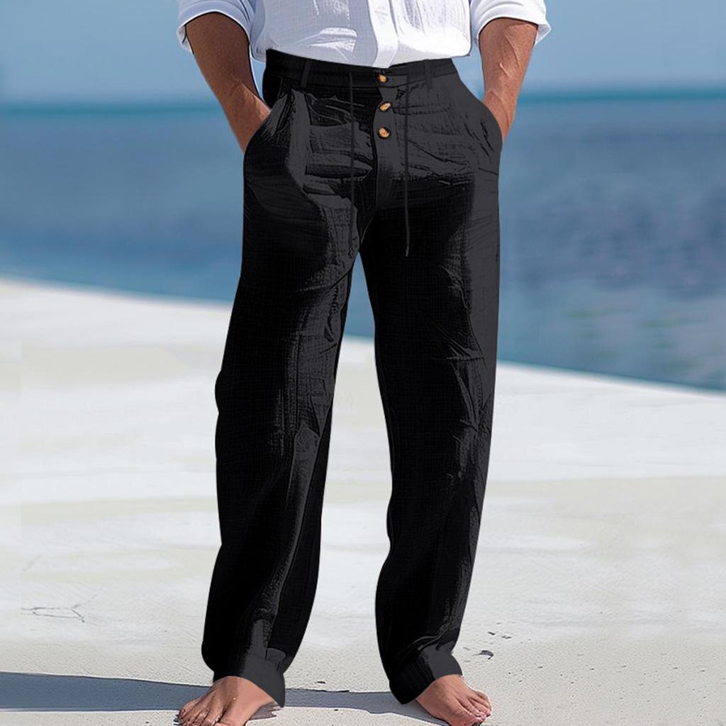 Men's Linen Drawstring Trousers  Beach Casual Sports Straight Leg Trousers