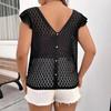 Plus Size Women's Lace Patchwork Button-Decorated Short Sleeve Top
