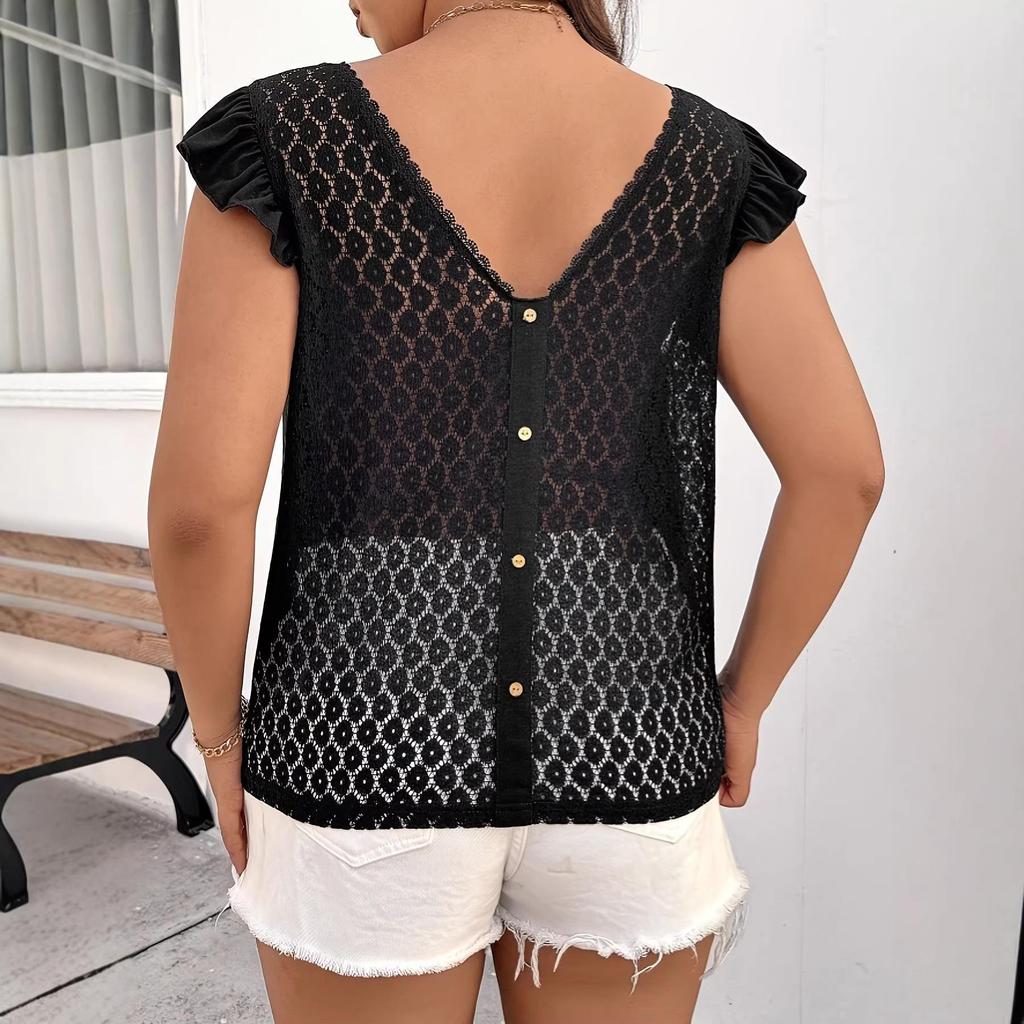 Plus Size Women's Lace Patchwork Button-Decorated Short Sleeve Top