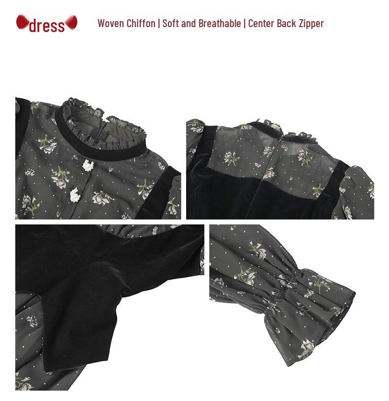 Retro Puff Sleeve Chiffon Floral Velvet Patchwork Dress - Waist-Cinched Short Skirt
