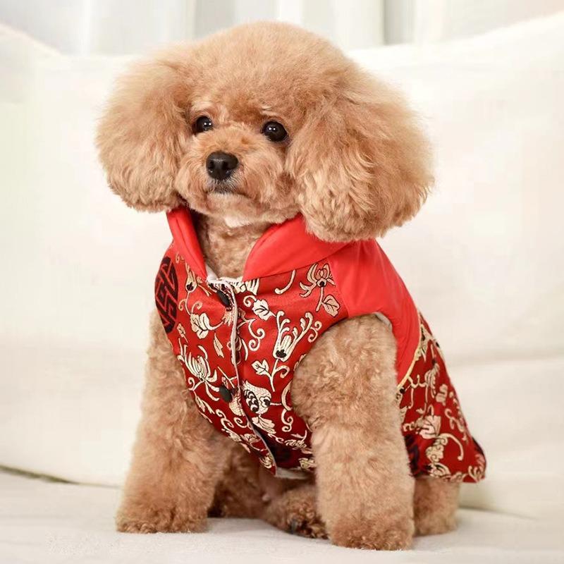 New Year's Festive Cotton-padded Dog Clothes Autumn and Winter Teddy Clothes Winter French Combat Small Dog Bichon Corgi