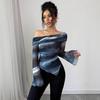 Women's Knitted Mesh Printed One-line Collar Strapless Long-sleeved Slim T-shirt Tops for Women Versatile Closet Essential Fashion Items Shirt