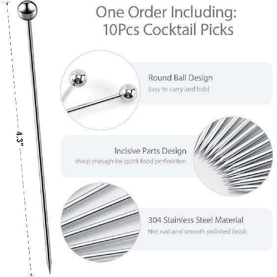 10 Pcs Metal Cocktail Picks, 4.17" Stainless Steel Reble Toothpicks Skewers for Drinks Garnish Martini Olive Appetizers Bar Accessories Gift