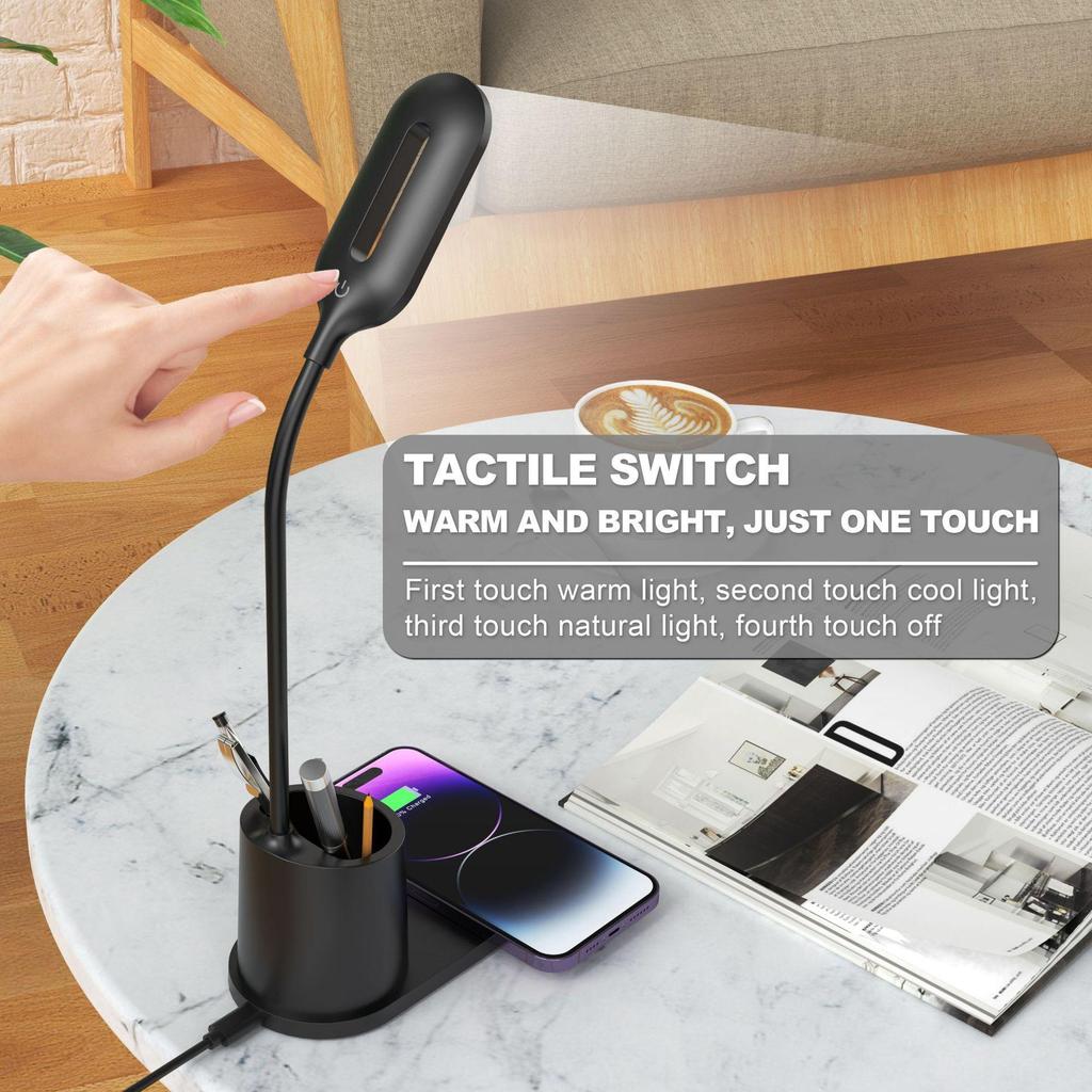 3-in-1 Pen Holder Desk Lamp with 15W Wireless Fast Charging, QC2.0 Protocol, TYPE-C Power, 360° Flexible Pole & 3-Color Stepless Dimming