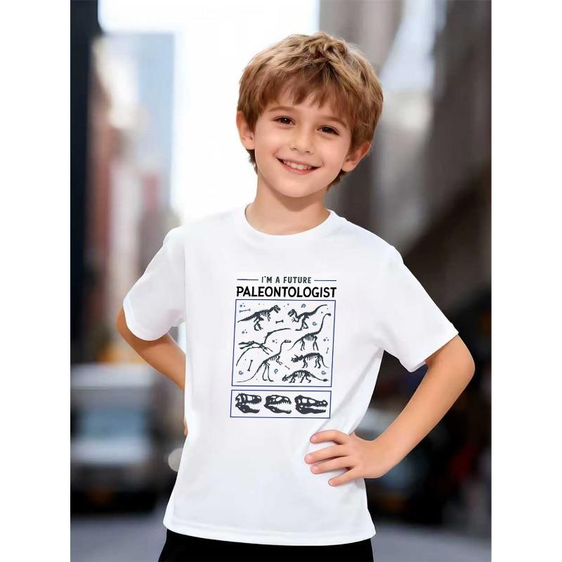 Boys Crew Neck Short Sleeve T-Shirt with Dinosaur Fossil  Letter Print 110