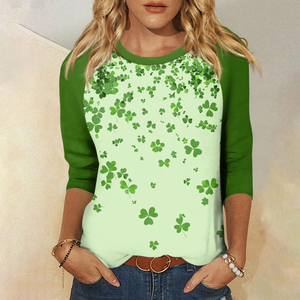 Women's St. Patrick's Day Print Round Neck Three-Quarter Sleeve Top