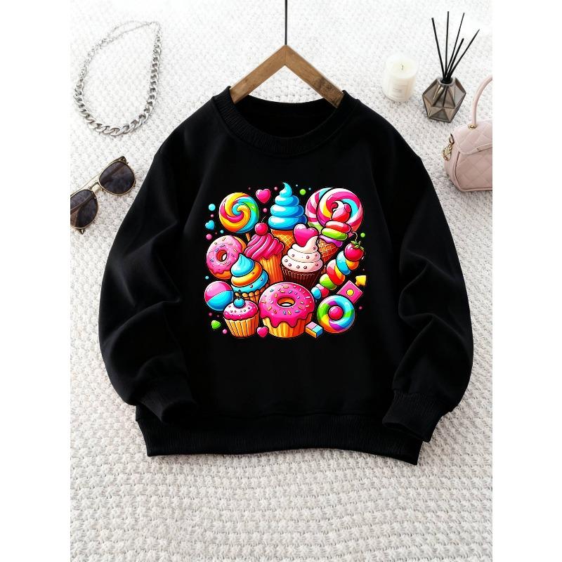 Round Neck Sweatshirt with Cartoon Dessert and Candy Pattern, Comfortable Top, Versatile for Daily Wear, Suitable for Parties