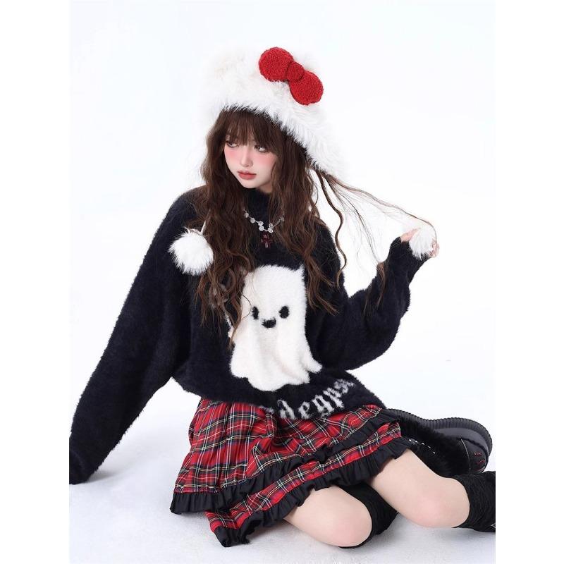 Ghost Pattern Red Women's Sweater Christmas Oversized Round Neck Knitted Shirt Loose Winter Fashion Woman Long Sleeved Top