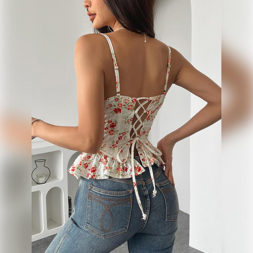 Sexy Floral Print Backless Tie-Up Bandeau Top Ruffles Slimming Spaghetti Strap Spring Summer Women's Y2K Fashion Tops