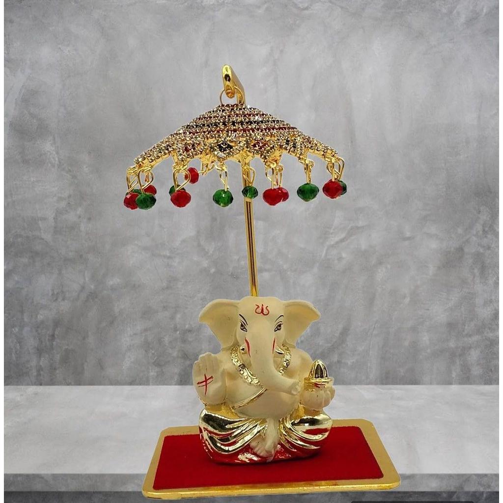Metal Umbrella Chhatra with Hanging Crystals for God Idol, Car Dashboard/Office Desk/Table/Home Decor Showpiece, Chatri Aasan