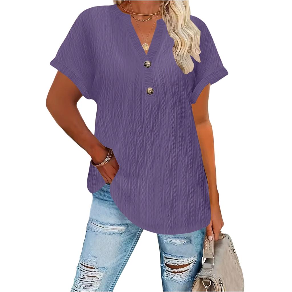 Women's Fashion Casual Button-Up V Neck T Shirt Pullover Short Sleeve Top