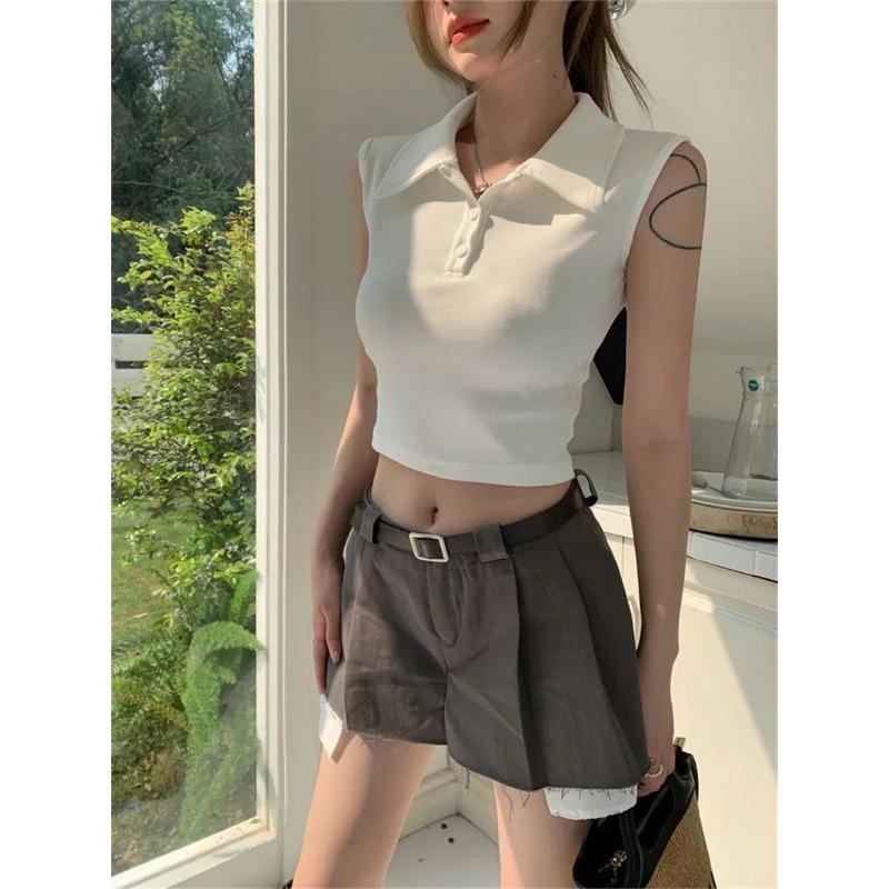 Haut Court Débardeur Col Polo Côtes Coupe Ajustée Uni Couleur Été pour Femme