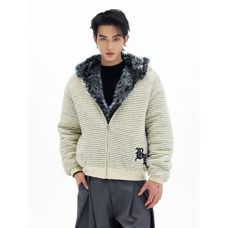 Kisko Winter American-Style Mountain Carving Striped Embroidered Warm Cotton Jacket for Men and Women, Trendy Brand Loose Padded Hooded Coat