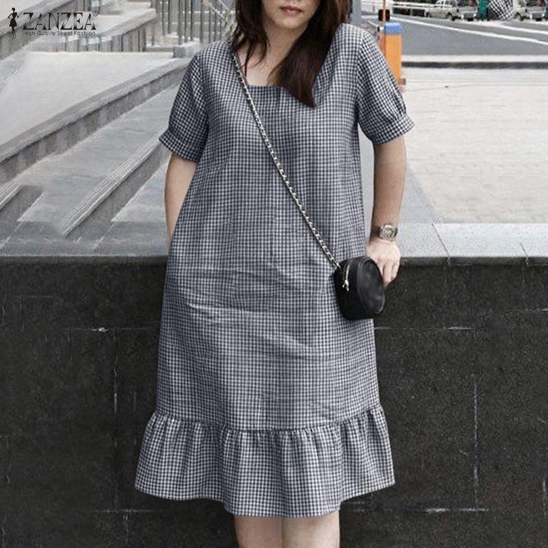 ZANZEA Women Casual Square Collar Short Sleeve Grid Print Dress