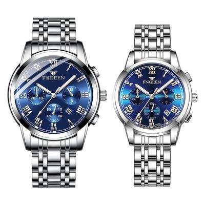 Pair Watch Pair Watch Couple Stainless Steel 3ATM Water Diamond Luminous Analog Display Calendar Stylish Quartz Watch Silver Blue Fashion Accessories