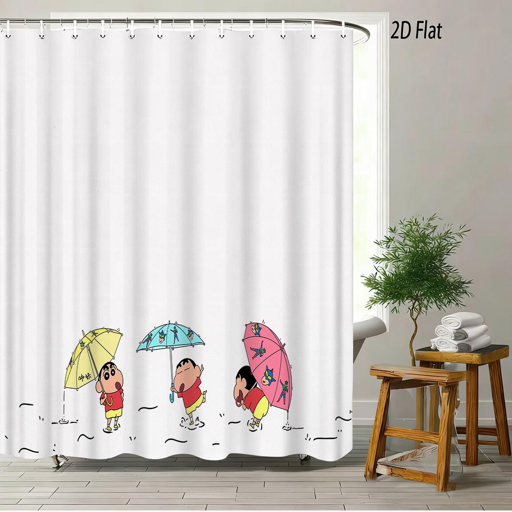 Crayon Shin-Chan Umbrella Walking Cartoon 2D Print Waterproof Shower Curtain, Minimalist White Bathroom Decor With Hooks